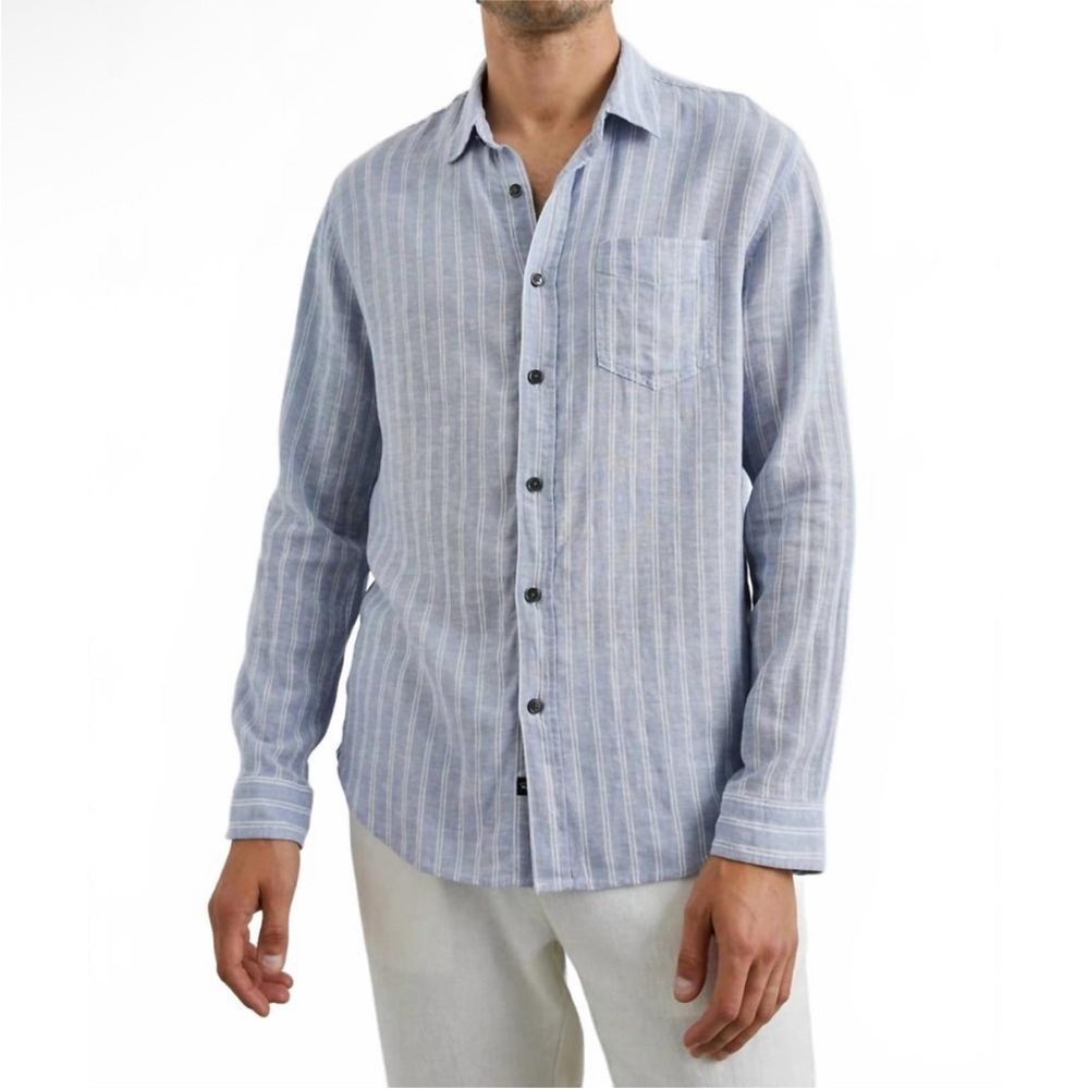 NEW RAILS connor long sleeve shirt linen blend white blue pinstripe